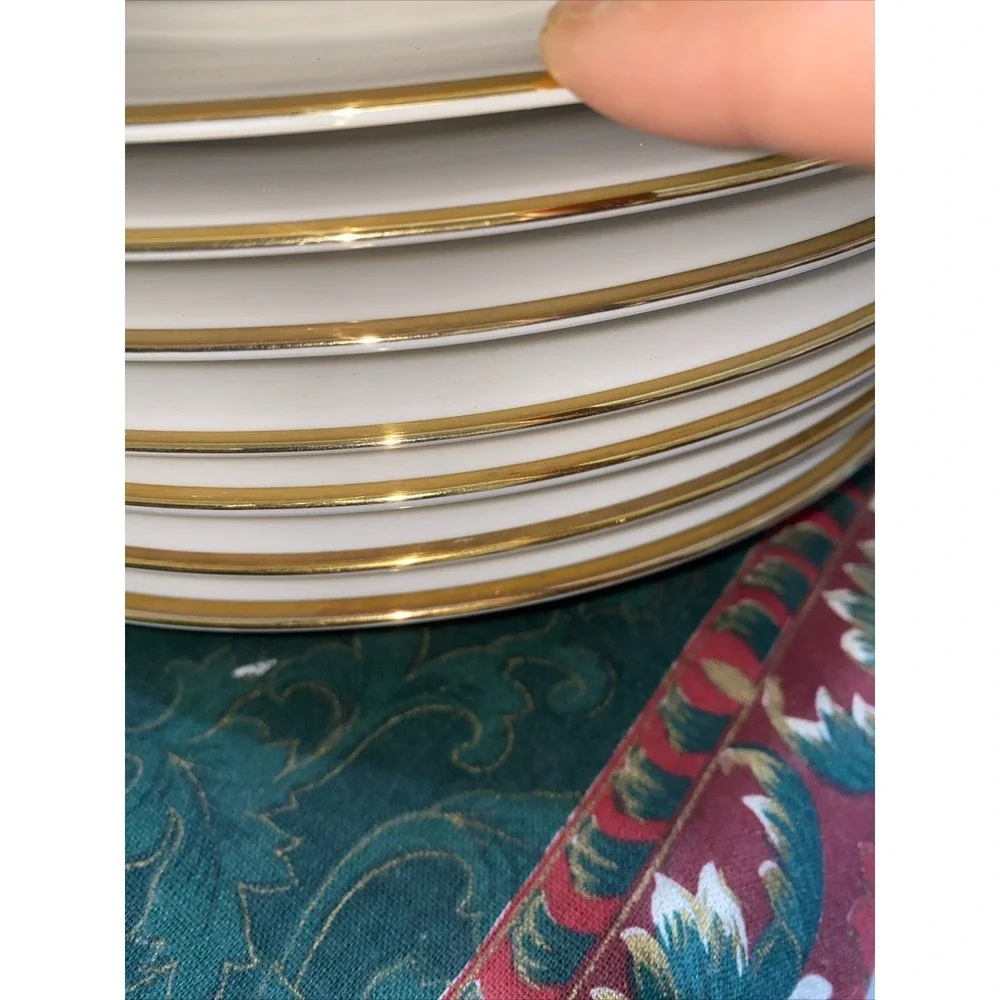 8 Pier One‎ Monno Bangladesh White Dinner Plates Hand- Painted Gold Trim 10